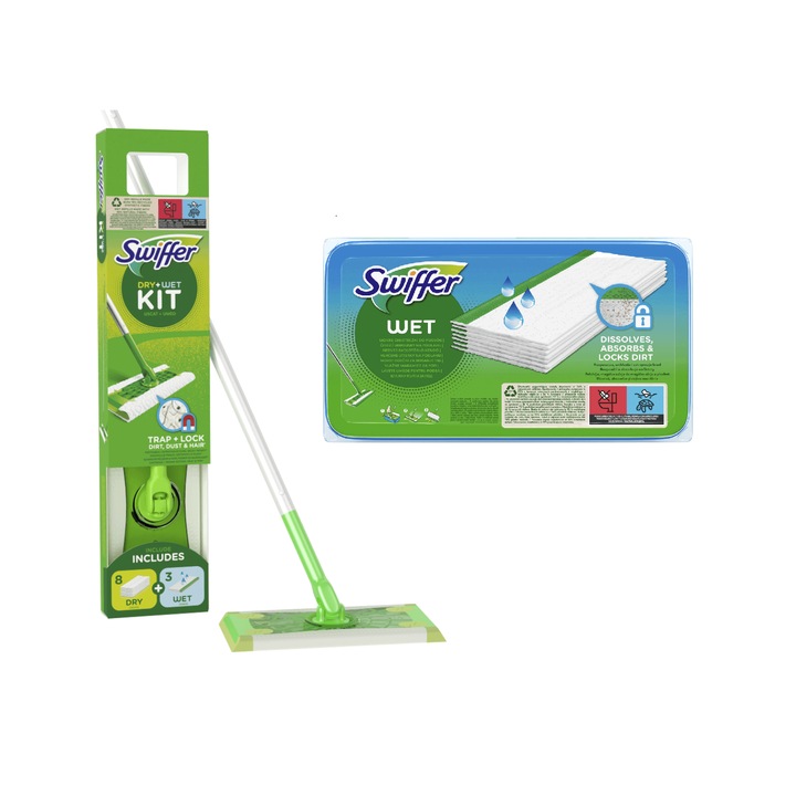 Pachet Mop Uscat/Umed Swiffer cu 8 Rezerve lavete uscate si 3 Rezerve ...