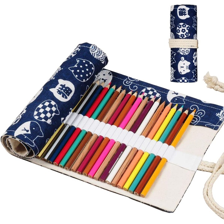 Penar rulou, Fibra Bumbac, 24 Compartimente, Model pisica, 21 x 34 cm, Albastru