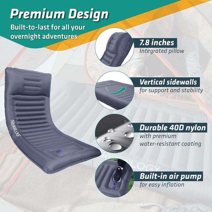Saltea pneumatica, Trekology, 186x76x12 cm, pompa incorporata, umflare 3-5 min pentru indoor-outdoor