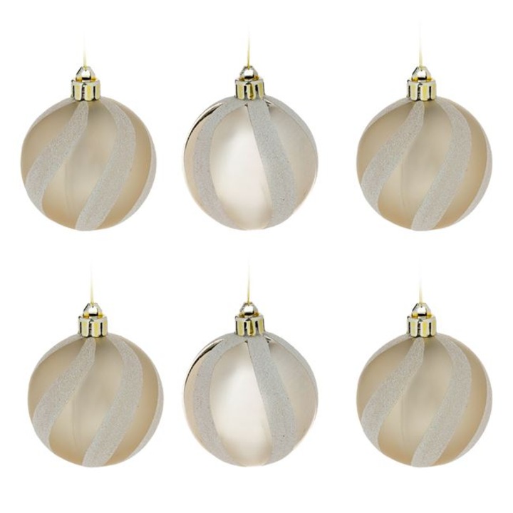 Set 6 globulete pentru bradul de Craciun Shopiens® Sampanie, cu dungi albe holografice, 6 cm