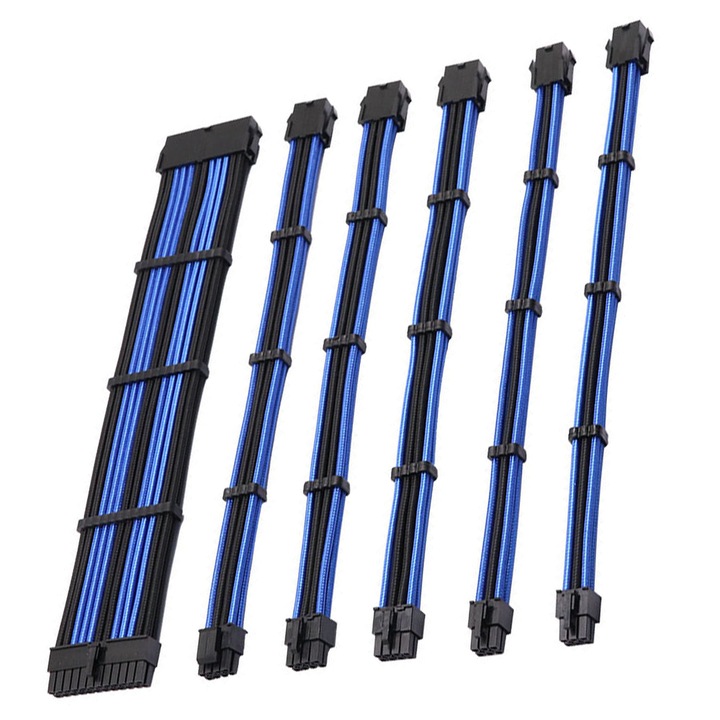 Tápegységhez hosszabbító kábel fésűkkel, 24 tűs, 8 tűs, 6 tűs, 4 + 4 tűs fésűkkel, pamuthálós transzfer hosszabbító