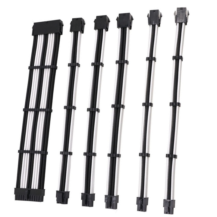 Tápegységhez hosszabbító kábel fésűkkel, 24 tűs, 8 tűs, 6 tűs, 4 + 4 tűs fésűkkel, pamuthálós transzfer hosszabbító