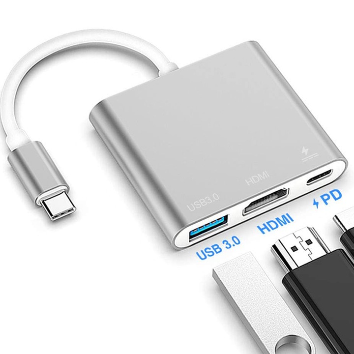 C típusú elosztó, USB 3.1 elosztó (kompatibilis az USB-C és Thunderbolt 3 portokkal) - USB 3.0 / HDMI / C típusú, női töltőátalakító MacBookhoz, Google Chromebookhoz stb.