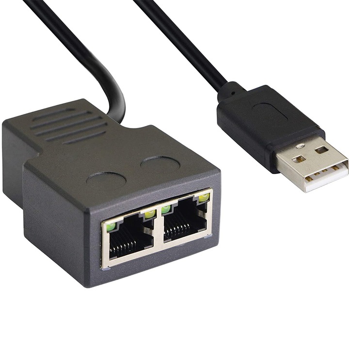 RJ45 hálózati elosztó adapter, 1-ről 2 USB portra RJ45-re, dupla anya USB tápkábellel LAN interfész