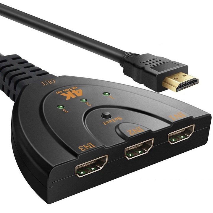 HDMI kapcsoló, 3 portos, 4K, 1080P, fekete, 20x13x0.2cm