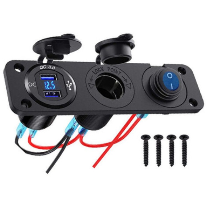 QttvbTna контакт за кола с 2 USB порта, LED волтметър, независим ключ, алуминий, комплект