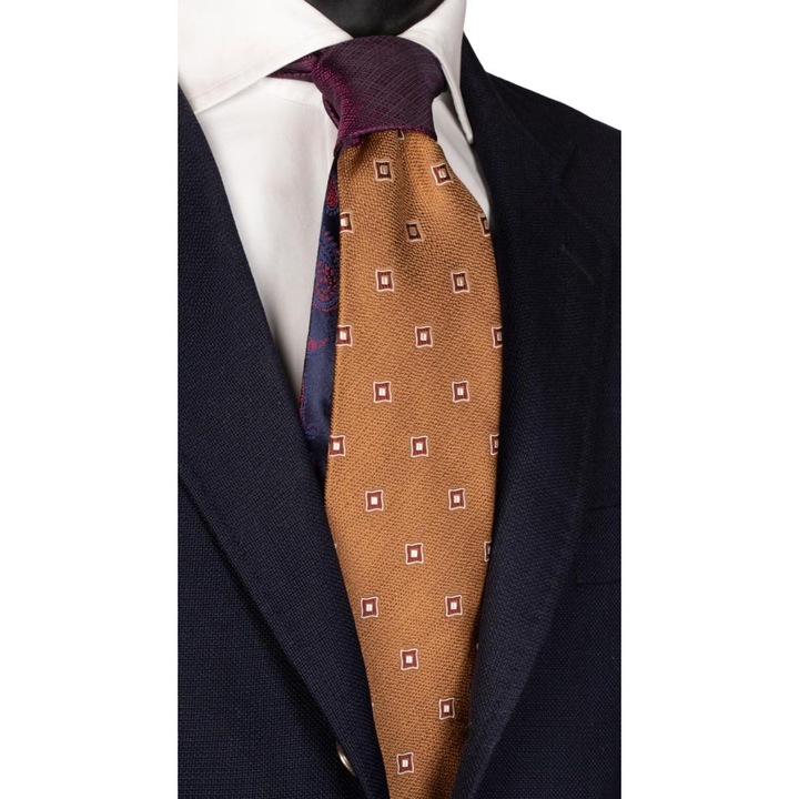 Cravata din matase cu nod in contrast N2782, model unicat, maro/mov, 148 cm