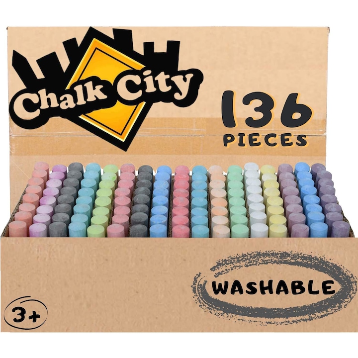Set 136 crete colorate Chalk City Sidewalk, 17 culori, lavabile, non-toxice, +3 ani