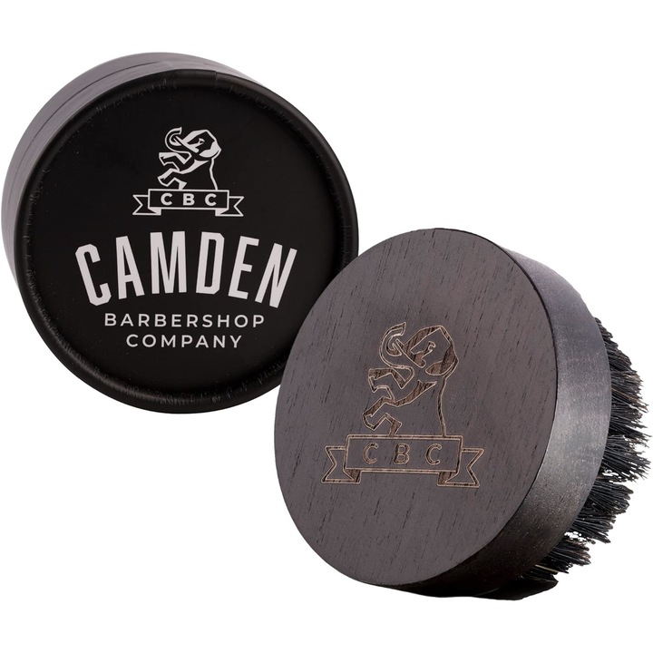 Четка за брада Camden, за ежедневна грижа и нанасяне на масло и балсам, орехово дърво, 100% косъм от глиган, 7 см