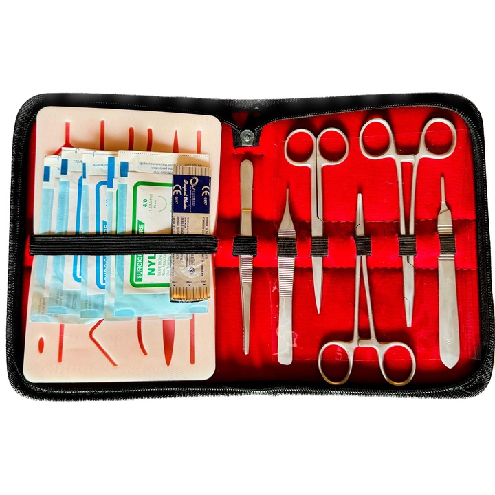Kit Profesional Complet pentru Practicarea Suturilor Chirurgicale cu 6 Instrumente, 5 Fire de sutura, 4 Lame de bisturiu, 1 Mulaj de sutura, Suture Expert, VELICO®, Rosu