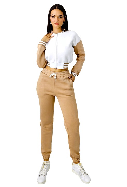 Trening bumbac vatuit College, bluza scurta cu fermoar, Crem