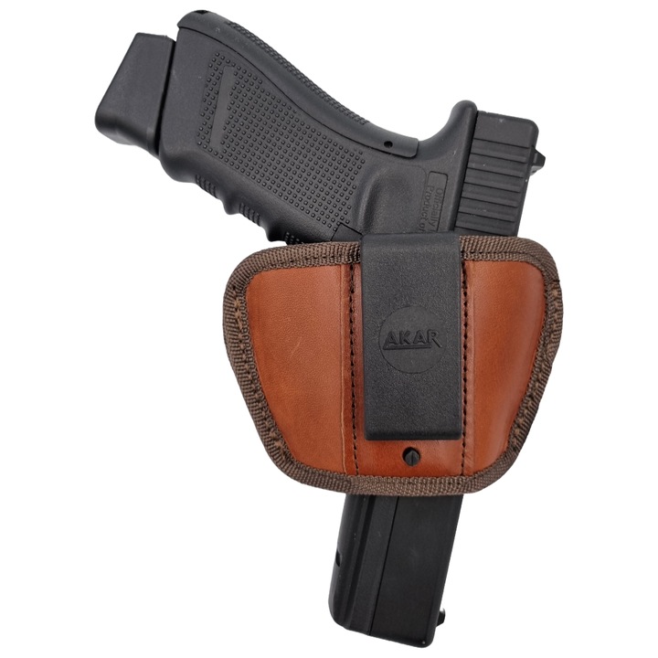 Toc universal IWB pentru pistol AKAR AMBIX, din piele, maro, prindere pe centura