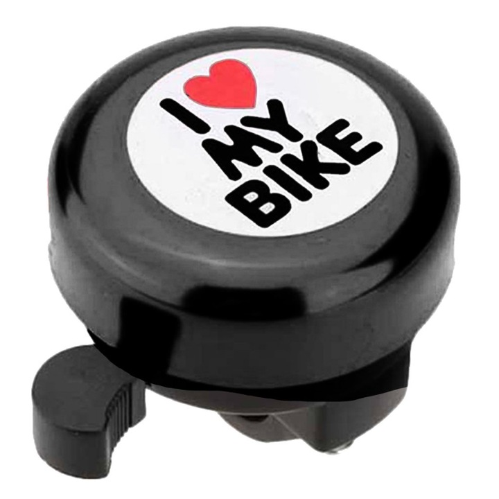 Clopotel mecanic pentru bicicleta I love my bike, din aluminiu, culoare neagra