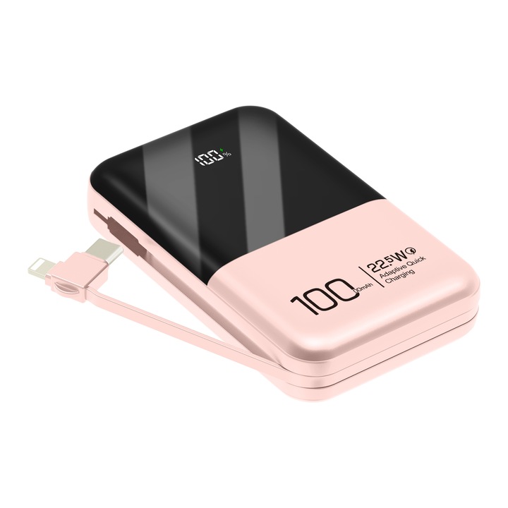 Külső akkumulátor, Jonkuu, 10000 mAh, Gyorstöltés, C típusú, Lightning, PD 22,5 W, rózsaszín