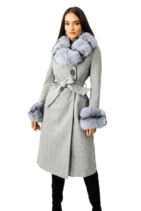 Palton elegant Anastasia, cu brosa, mansete si guler, Gri
