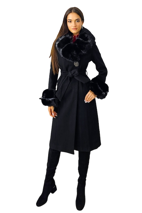 Palton elegant Anastasia, cu brosa, mansete si guler, Negru