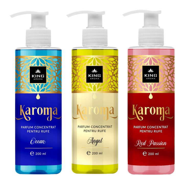KAROMA koncentrált mosóparfüm készlet, Angel, Red Passion és Ocean, 3x200ml