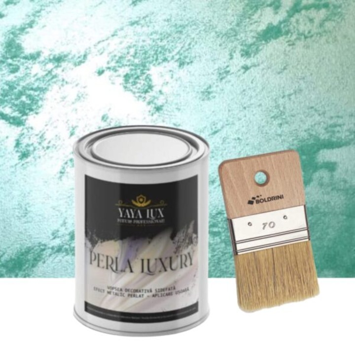 Vopsea decorativa de Lux, Perla Luxury cu Fulgi Perlati, Verde Marin, 1 L si Pensula 70 mm, YaYa Color