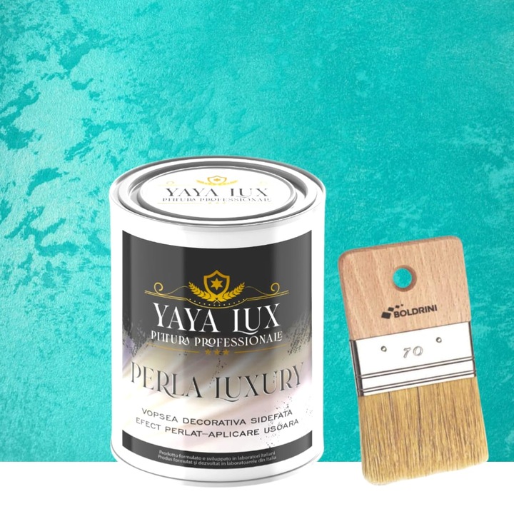 Vopsea decorativa de Lux, Perla Luxury cu Fulgi Perlati, Turcoaz Deschis, 1 L si Pensula 70 mm, YaYa Color