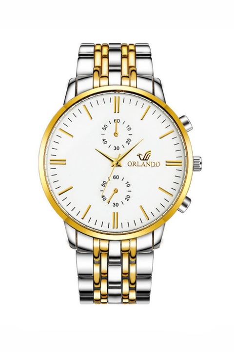 Ceas pentru barbati Orlando din otel inoxidabil cu cadran alb si curea argintie/aurie, lungime fixa