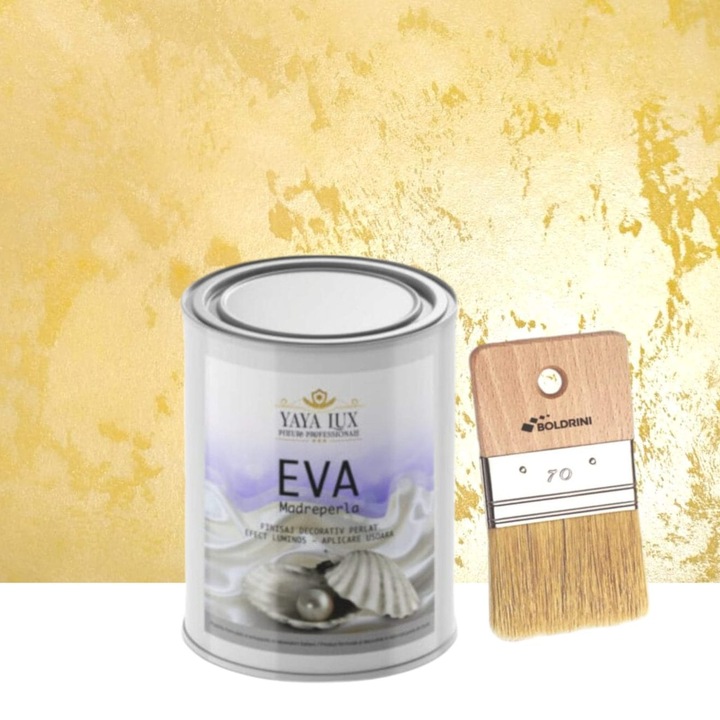 Vopsea decorativa Eva Madreperla, Galben Pai, cu Fulgi de Sticla, 1 L si Pensula 70 mm, YaYa Color