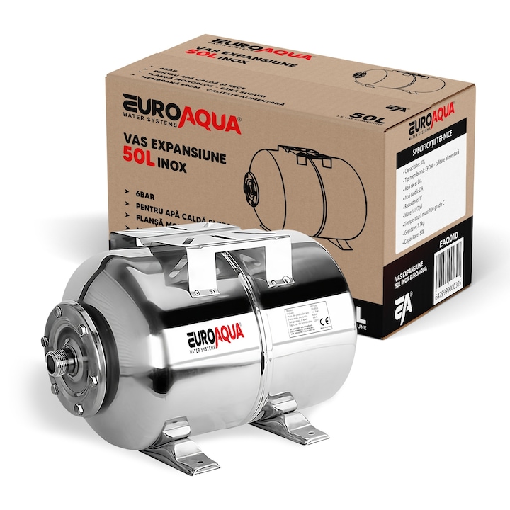 Vas expansiune Hidrofor 50 litri INOX, orizontal, EUROAQUA®, Rezervor tip butelie cu membrana alimentara interschimbabila inclusa, 8 bar