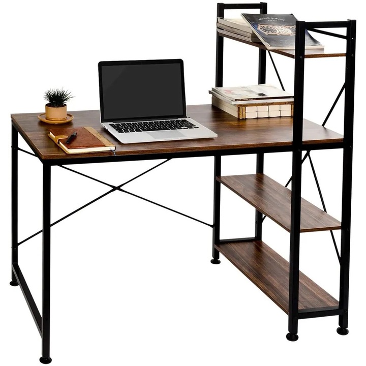 Birou calculator cu raft, birou, reglabil stanga si dreapta, pentru studiu, scris si lucru, VIENOD, 120*60*121 cm, maro