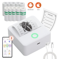 Mini imprimanta portabila, Bluetooth, aplicatie pe telefon, compatibil IOS/Android, termica, fara toner, baterie integrata, 5 role autoadezive + 5 role simple incluse, EALMEU