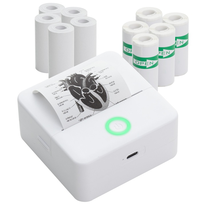 Hordozható mini nyomtató, Bluetooth, telefonos alkalmazás, IOS/Android kompatibilis, termikus, toner nélkül, beépített akkumulátor, 5 öntapadó tekercs + 5 egyszerű tekercs mellékelve, EALMEU