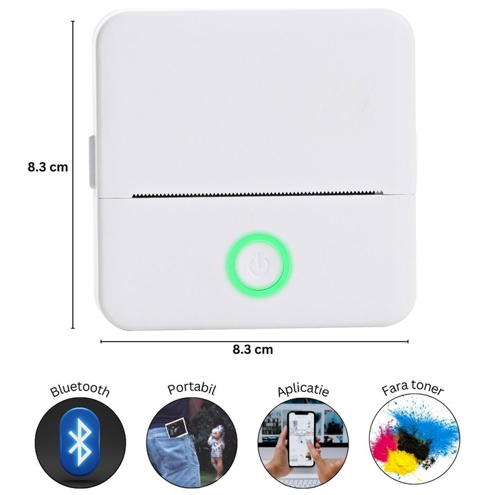 Mini imprimanta portabila, Bluetooth, aplicatie pe telefon, compatibil IOS/Android, termica, fara toner, baterie integrata, 5 role autoadezive + 5 role simple incluse, EALMEU