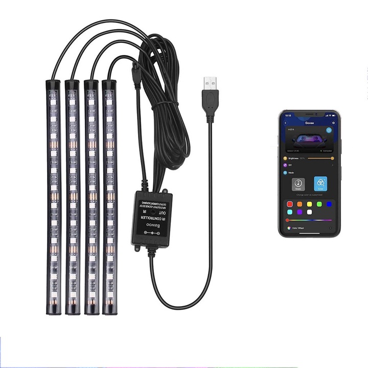 Kit iluminare ambientala auto banda LED RGB, interior masina, 4 benzi, senzor muzica, moduri multiple, multicolor, aplicatie dedicata, Negru