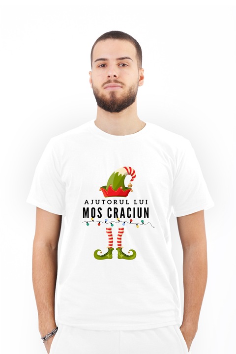 Tricou pentru barbati personalizat cu imagine Ajutorul lui mos craciun silueta spiridus, Bumbac, Alb, L