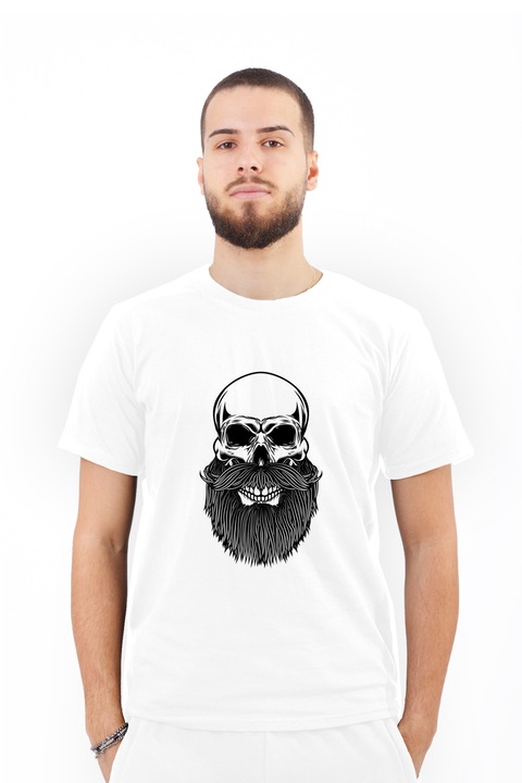 Tricou pentru barbati personalizat cu imagine Craniu cu barba, Bumbac, Alb, M