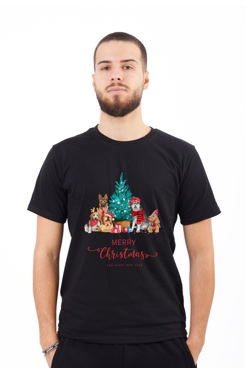 Tricou pentru barbati personalizat cu imagine Un craciun cu catei, Bumbac, Negru, 3XL