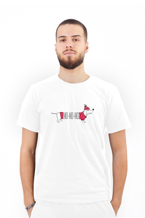 Tricou pentru barbati personalizat cu imagine Ho ho ho dachshund de craciun, Bumbac, Alb, XL