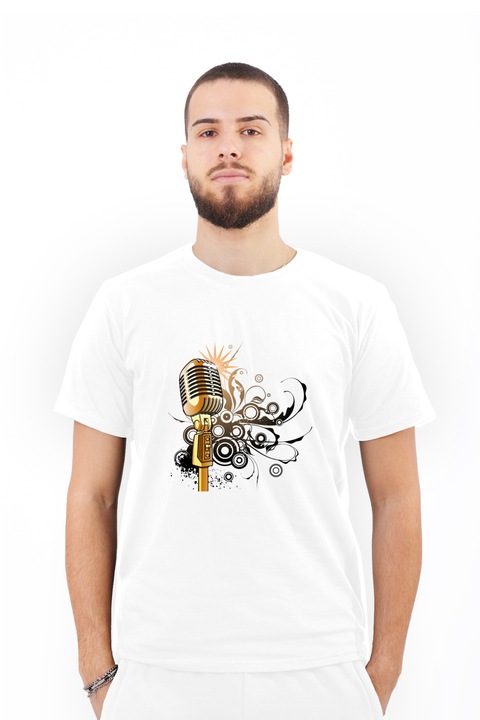 Tricou pentru barbati personalizat cu imagine Microfon muzica, Bumbac, Alb, XL