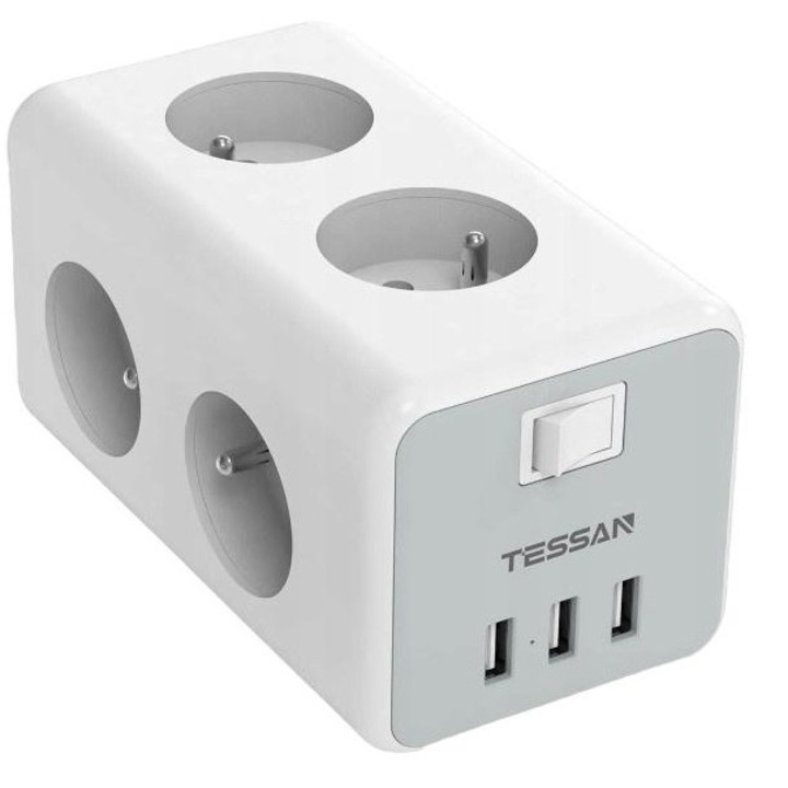 Удължител с 9 гнезда, Tessan, 14 x 7,6 x 7,6 см, 4000W, Бял