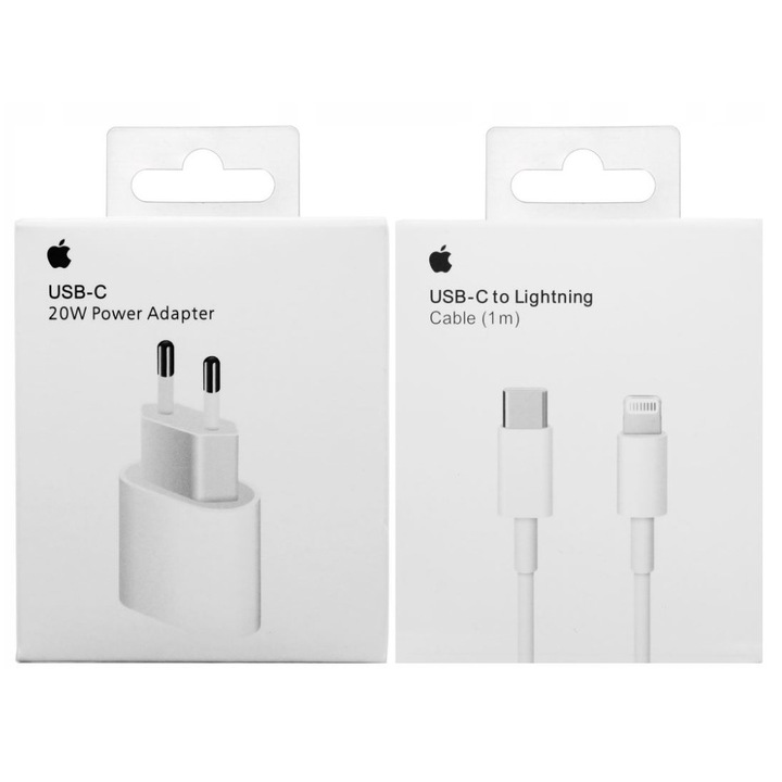 Set incarcator retea si cablu, Apple, USB C-Lightning, 1 m, 20 W, Alb