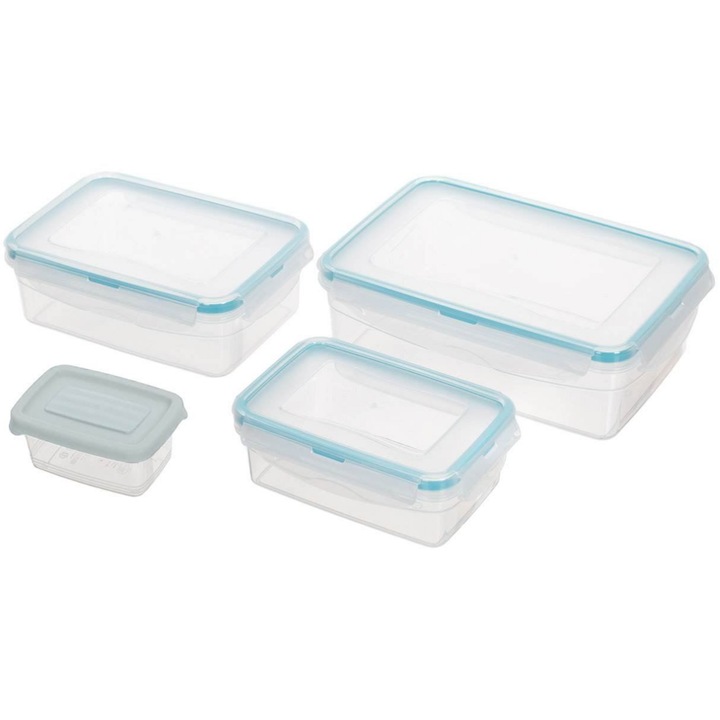Set 4 caserole alimentare cu capac, inchidere etansa, fara BPA, 120ml, 400ml, 800ml, 1400ml