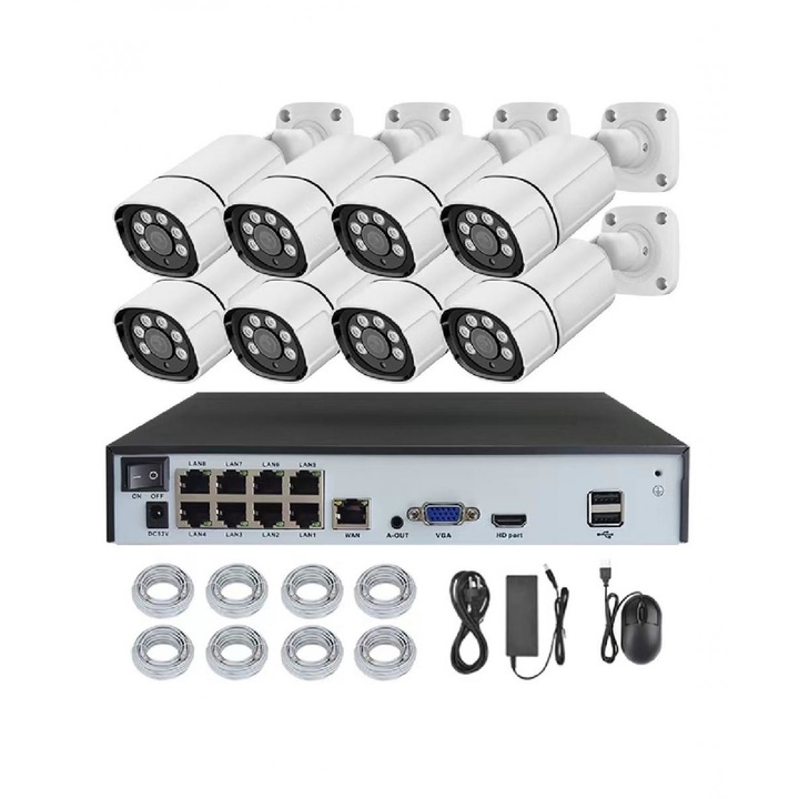Система за видеонаблюдение, Hebeiros, NVR с 8 канала, твърд диск 4TB, POE, 8 камери, 8 MP, аудио запис, 8 x 20m UTP мрежов кабел, бял