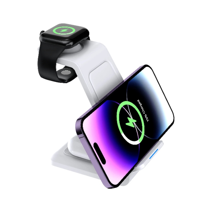 Incarcator Wireless, 3 In 1, Fast Charge, Pliabil, Compatibil cu Iphone, Android, Samsung, Airpods, Apple Watch, Huawei, Xiaomi, Lumini RGB