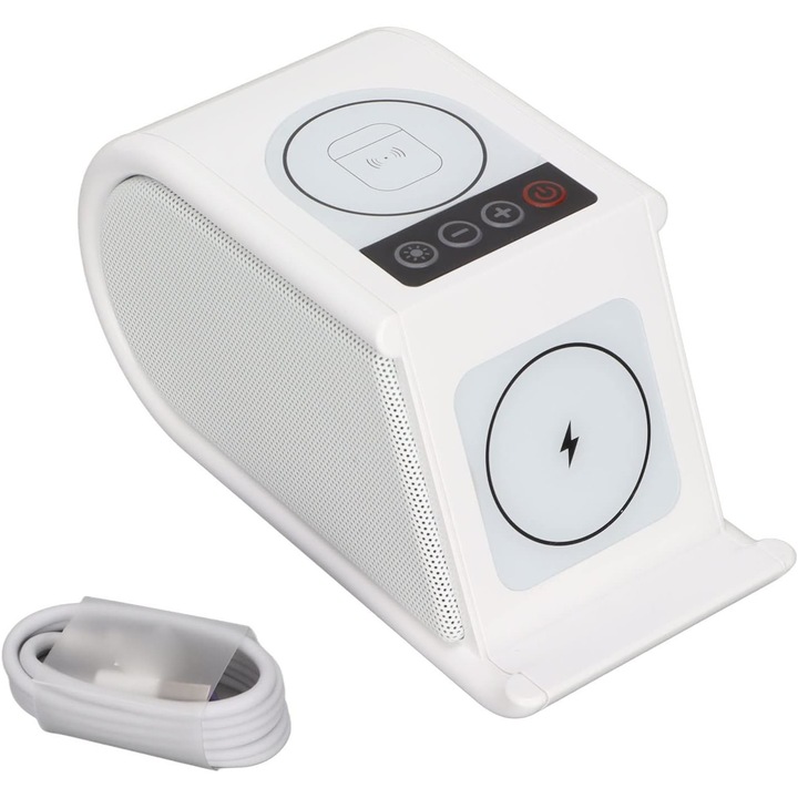 Töltőállomás 5 az 1-ben PHOENIX RINASCENTE Multifunkcionális 15w, Bluetooth hangszórók, Led lámpák, Kompatibilis Apple, Iphone, AirPods, 19cm x 11.8cm x 9cm, Fehér