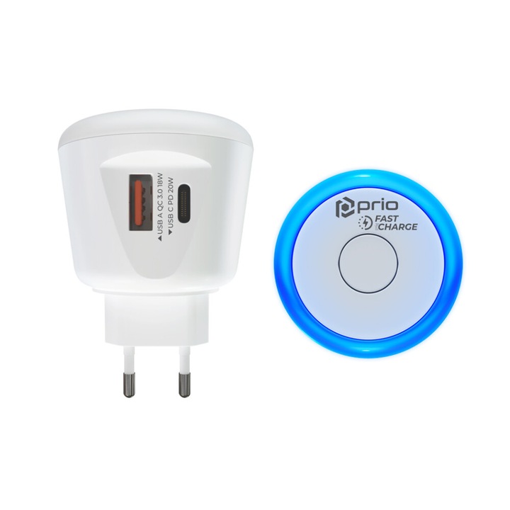Incarcator de perete 20W PD, USB C, + QC 3.0, USB A, Night Light albastru L317