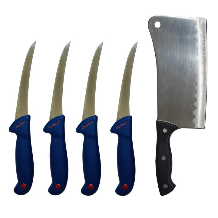 Set profesional macelar format din 4 Cutite pentru dezosat, lama curbata si Satar 800 g, otel inoxidabil, Albastru