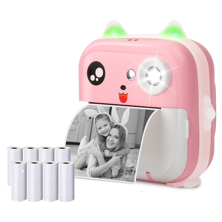 Детска камера с функция за печат 24Mpx резолюция, 2.4" цветен LCD дисплей, 8 хартиени ролки в комплекта, Handloteka®, Розов