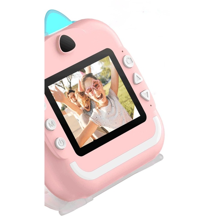Детска камера с функция за печат 24Mpx резолюция, 2.4" цветен LCD дисплей, 8 хартиени ролки в комплекта, Handloteka®, Розов
