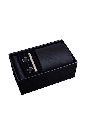 Set Cravata, Batista, Butoni si Ac de cravata, Negru, 148 x 8 cm, Cutie cadou