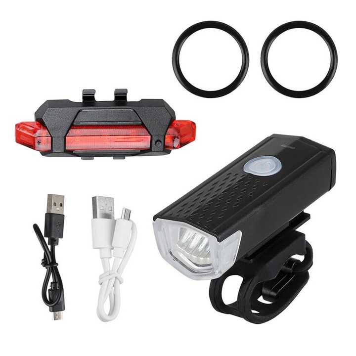 Set lumini bicicleta LED proiector, acumulator intern cu incarcare USB, Negru/Rosu