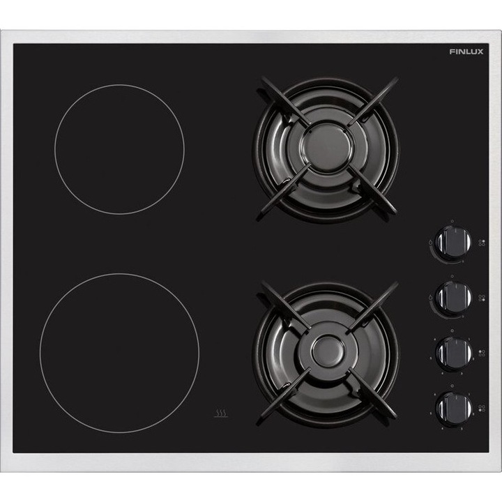 Plita incorporabila Finlux FXV 622S, 2+2 Mixta, 2 zone vitro ceramice, 2 arzatoare gaz, 59cm, cadru din inox, Sticla neagra