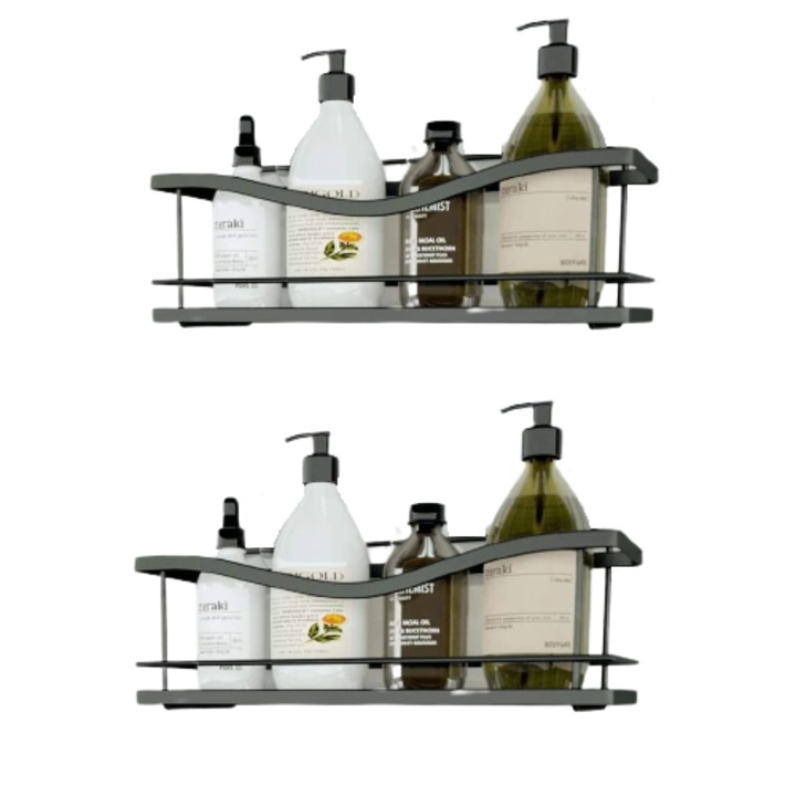 Set 2 Raft de dus Kincmax, nu necesita gaurire, din otel inoxidabil, raft auto-adeziv pentru depozitare in bucatarie, cu carlige, Negru mat, 13 x 13 x 32 cm